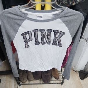 PINK Victoria's Secret Kids Sequin Logo Shirt - Gray and White